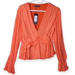 Nasty Gal NWT Womens Orange Top Size 12 Plunge V Neck Blouse Chiffon Pleated